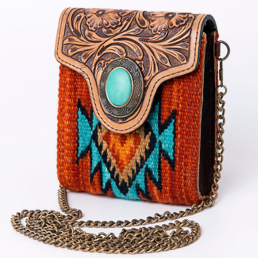 American Darling Western Small Cross body Bag Hand Tooled Floral with Hand Woven Saddle Blanket - Hilason