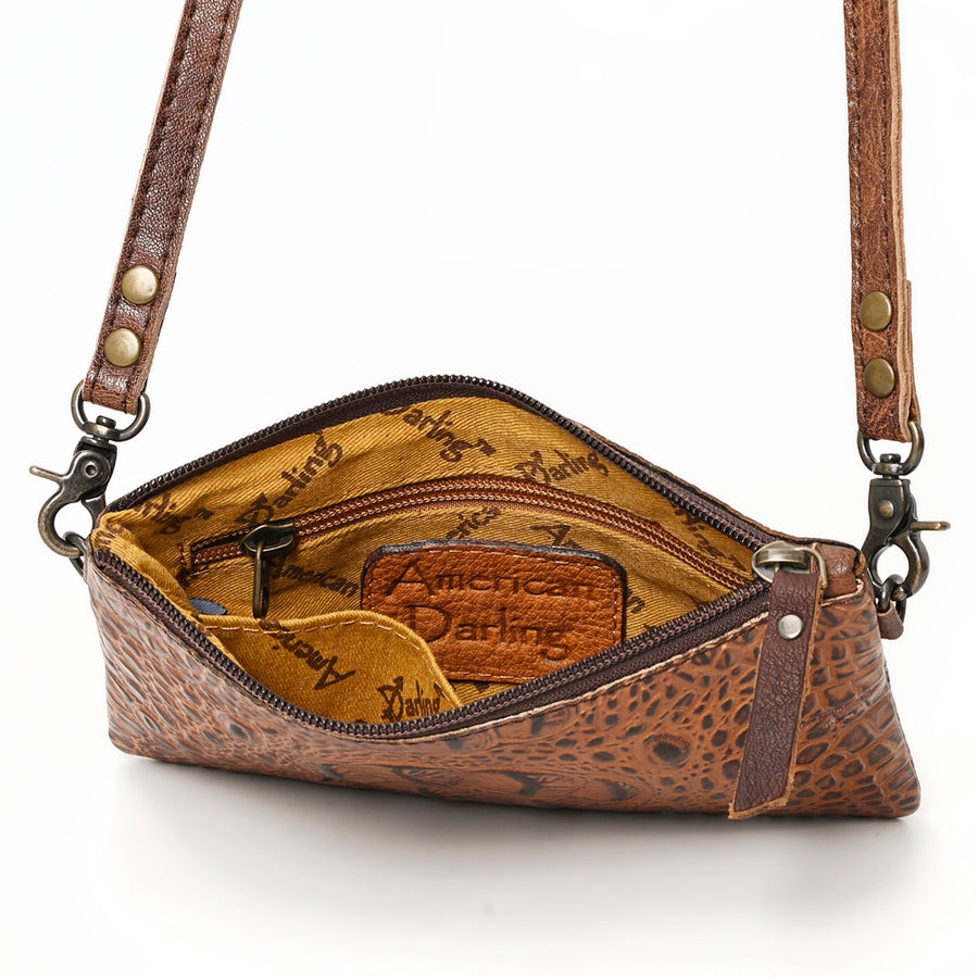 American Darling Wallet Bag for Women, Crocodile Embossed Full Grain Leather Western Clutch with YKK Zipper & Wrist Strap