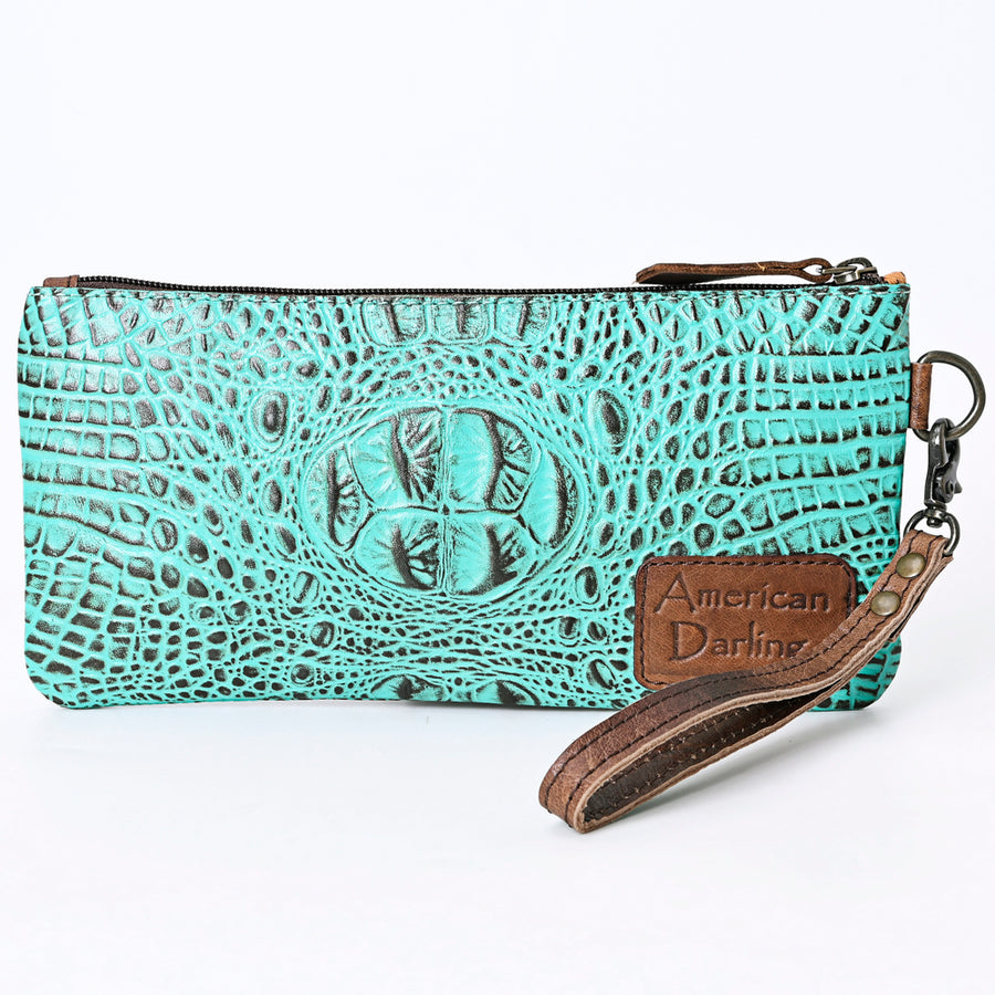 American Darling Wristlet Bag for Women, Crocodile Embossed Full Grain Leather Western Clutch with YKK Zipper & Wrist Strap