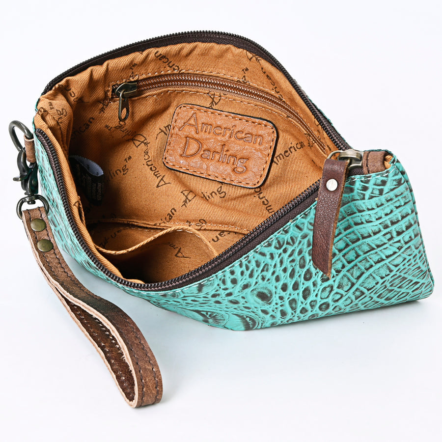 American Darling Wristlet Bag for Women, Crocodile Embossed Full Grain Leather Western Clutch with YKK Zipper & Wrist Strap