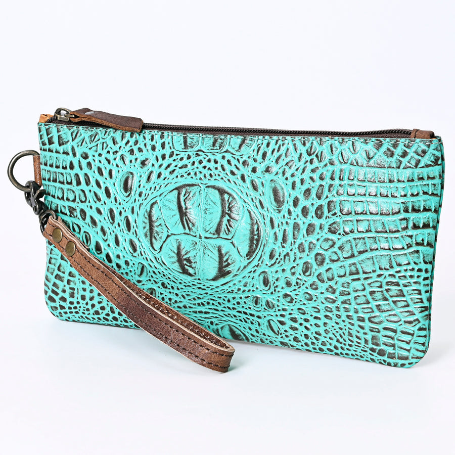 American Darling Western Leather Wristlet Bag - Crocodile Embossed Handcrafted Clutch - Uhorse