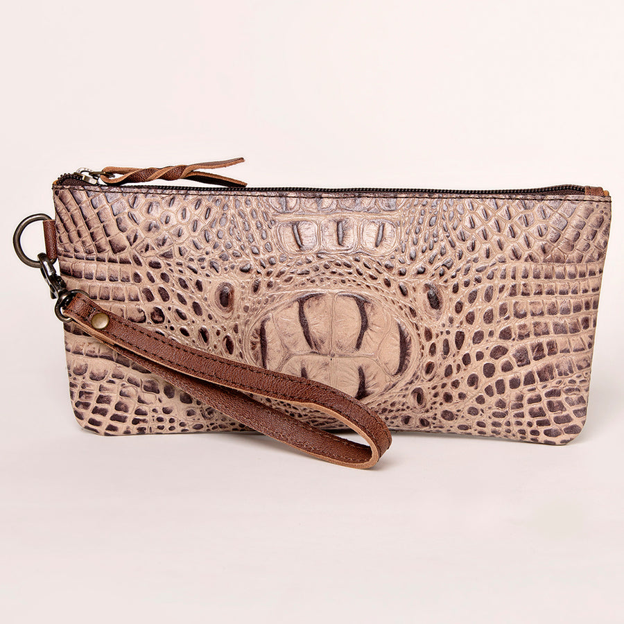 American Darling Wristlet Bag for Women, Crocodile Embossed Full Grain Leather Western Clutch with YKK Zipper & Wrist Strap