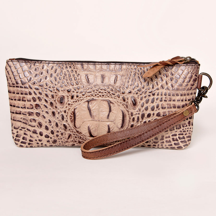 American Darling Wristlet Bag for Women, Crocodile Embossed Full Grain Leather Western Clutch with YKK Zipper & Wrist Strap