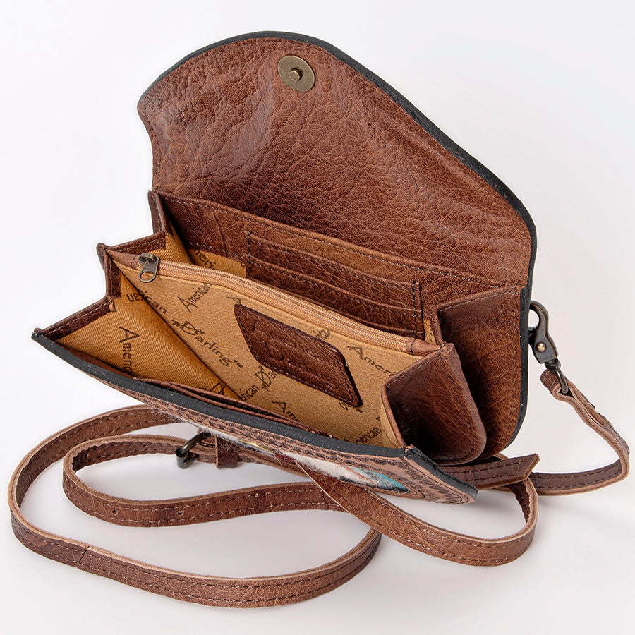 American Darling Wallet Hand Bag, Woven Saddle Blanket Detail, Genuine Leather Western Clutch with Crossbody Strap and Multi-Pocket Interior