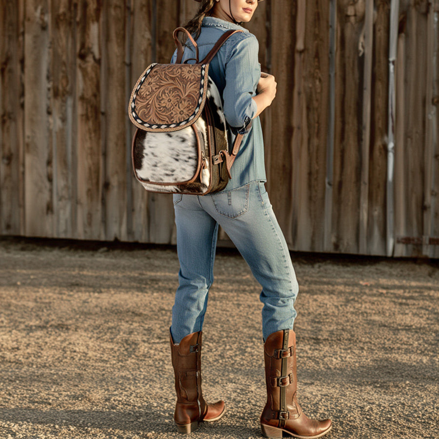 American Darling Hair-On Cowhide Mini Backpack with Hand-Tooled Floral Leather Flap Western Small Backpack
