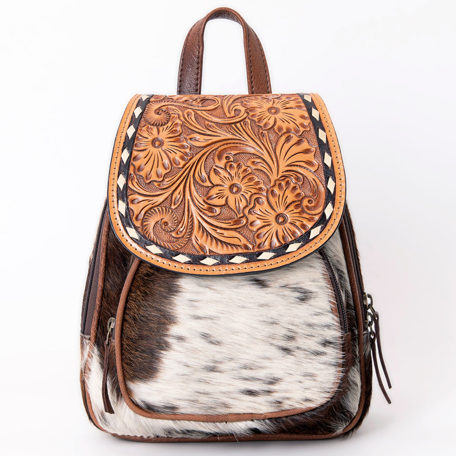 American Darling Hair-On Cowhide Mini Backpack with Hand-Tooled Floral Leather Flap Western Small Backpack