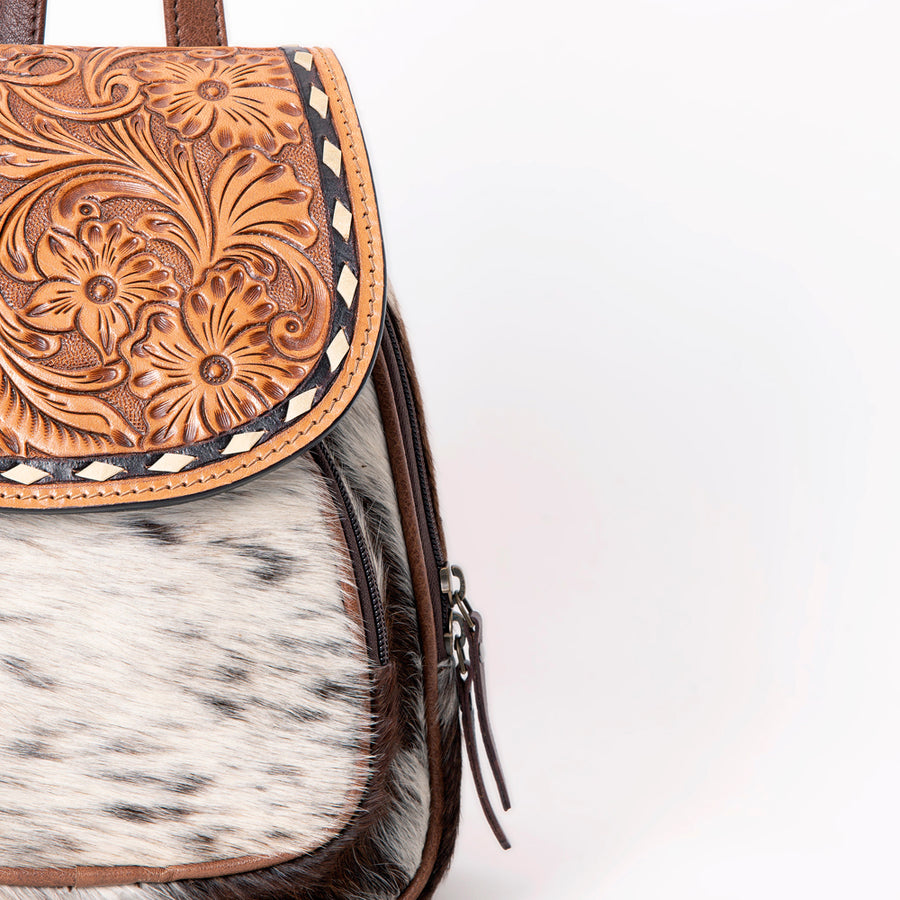 American Darling Hair-On Cowhide Mini Backpack with Hand-Tooled Floral Leather Flap Western Small Backpack