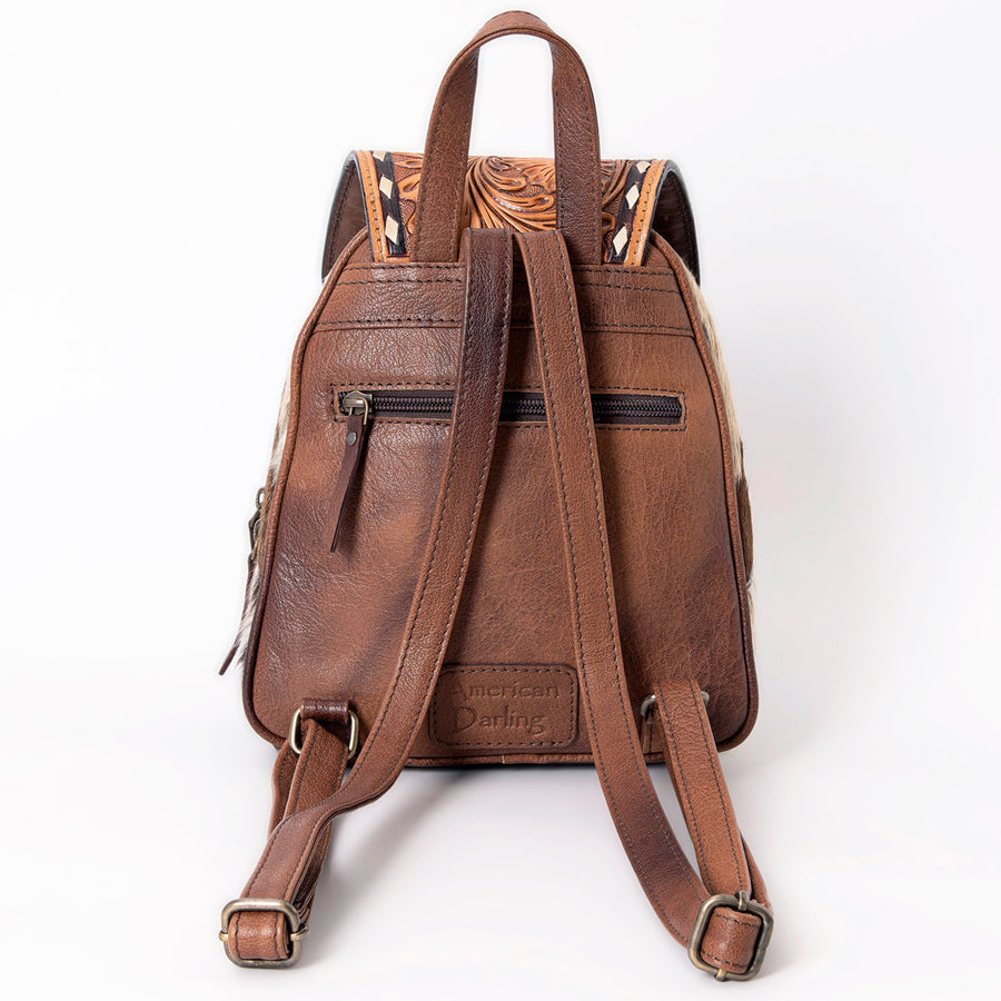 American Darling Hair-On Cowhide Mini Backpack with Hand-Tooled Floral Leather Flap Western Small Backpack