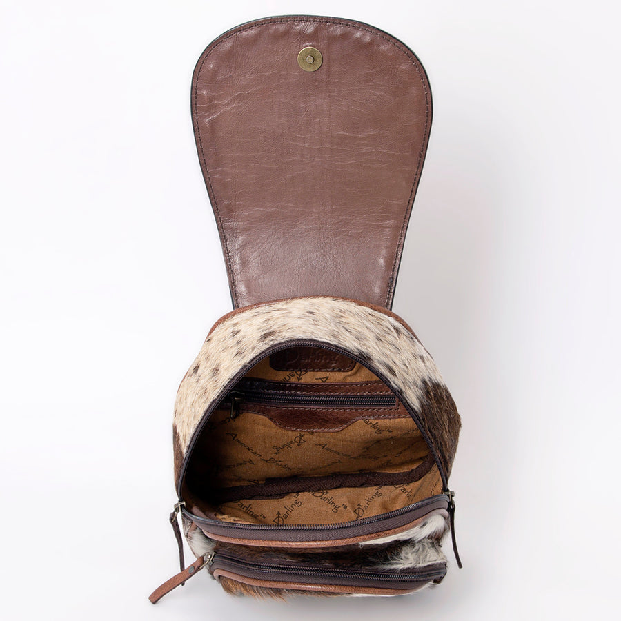 American Darling Hair-On Cowhide Mini Backpack with Hand-Tooled Floral Leather Flap Western Small Backpack