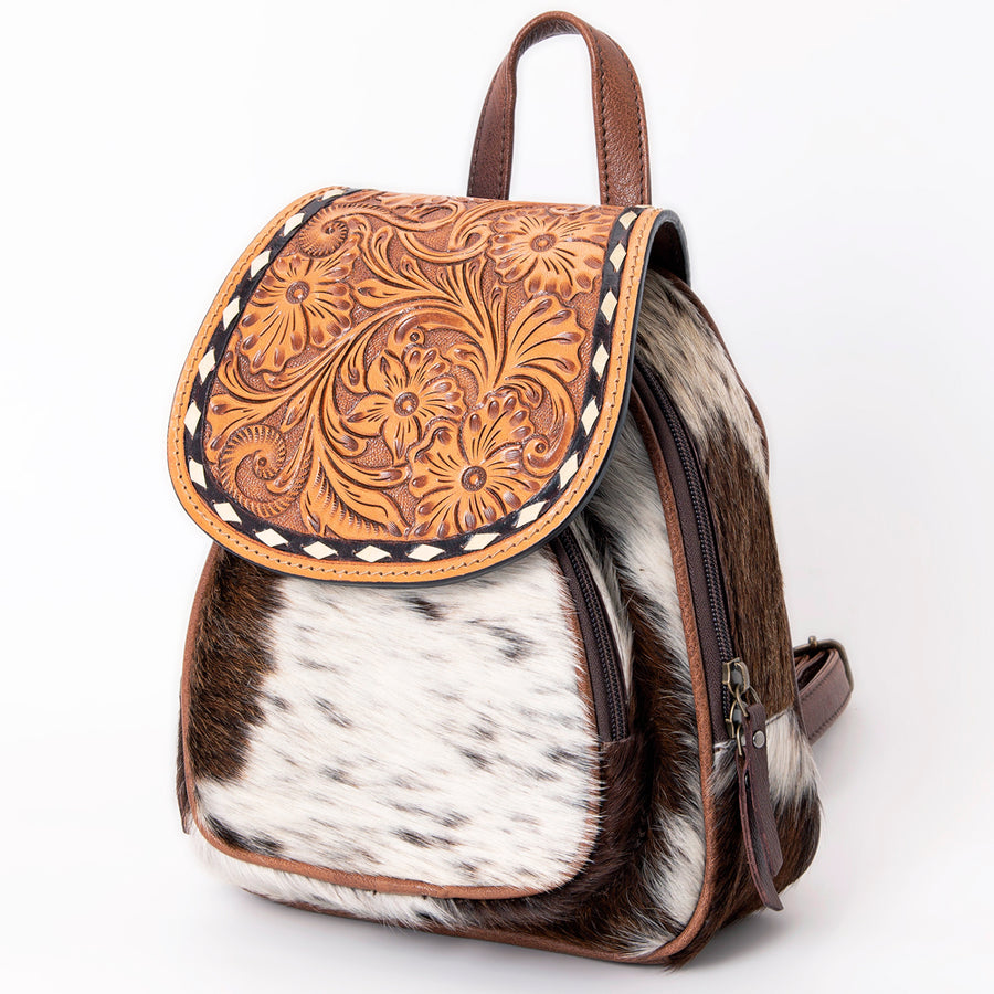 American Darling Western Leather Mini Backpack with Hair-On Cowhide and Tooled Floral Flap - Uhorse