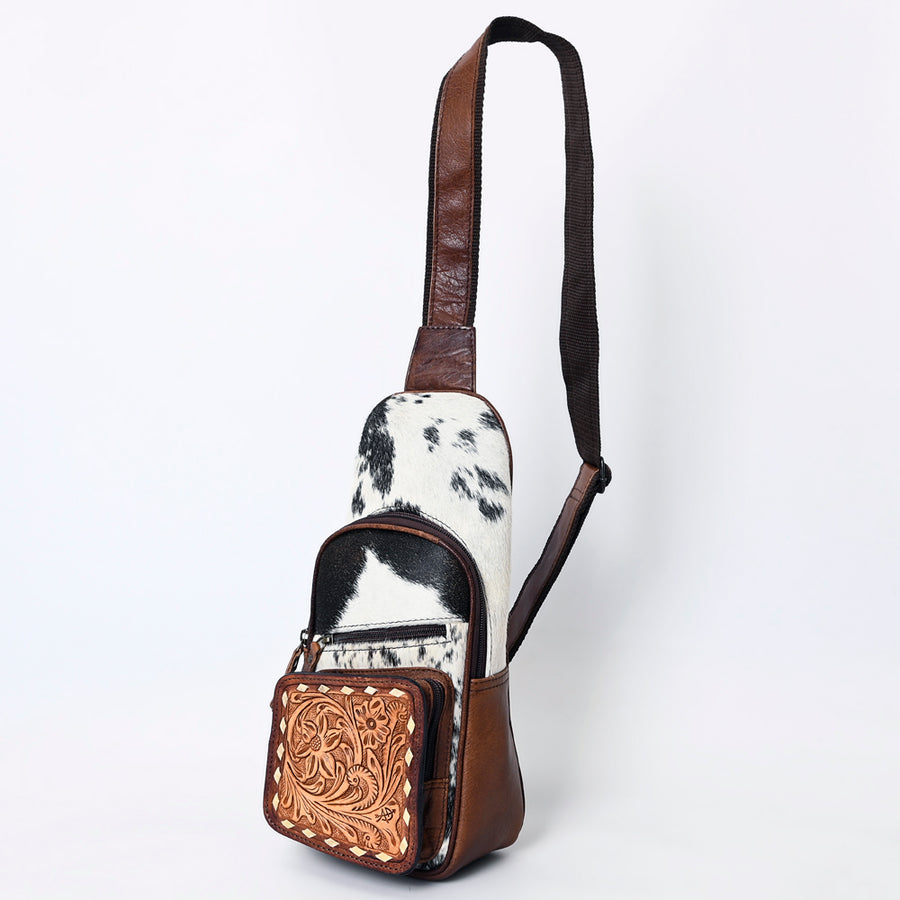 American Darling Western Leather Crossbody Bag Hair-On Cowhide Hand-Tooled Floral Front - Uhorse
