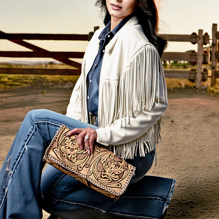 American Darling Western Hand-Tooled Leather Wallet Handbag for Women – Genuine Leather Floral Carved Designer Purse with Wristlet Strap