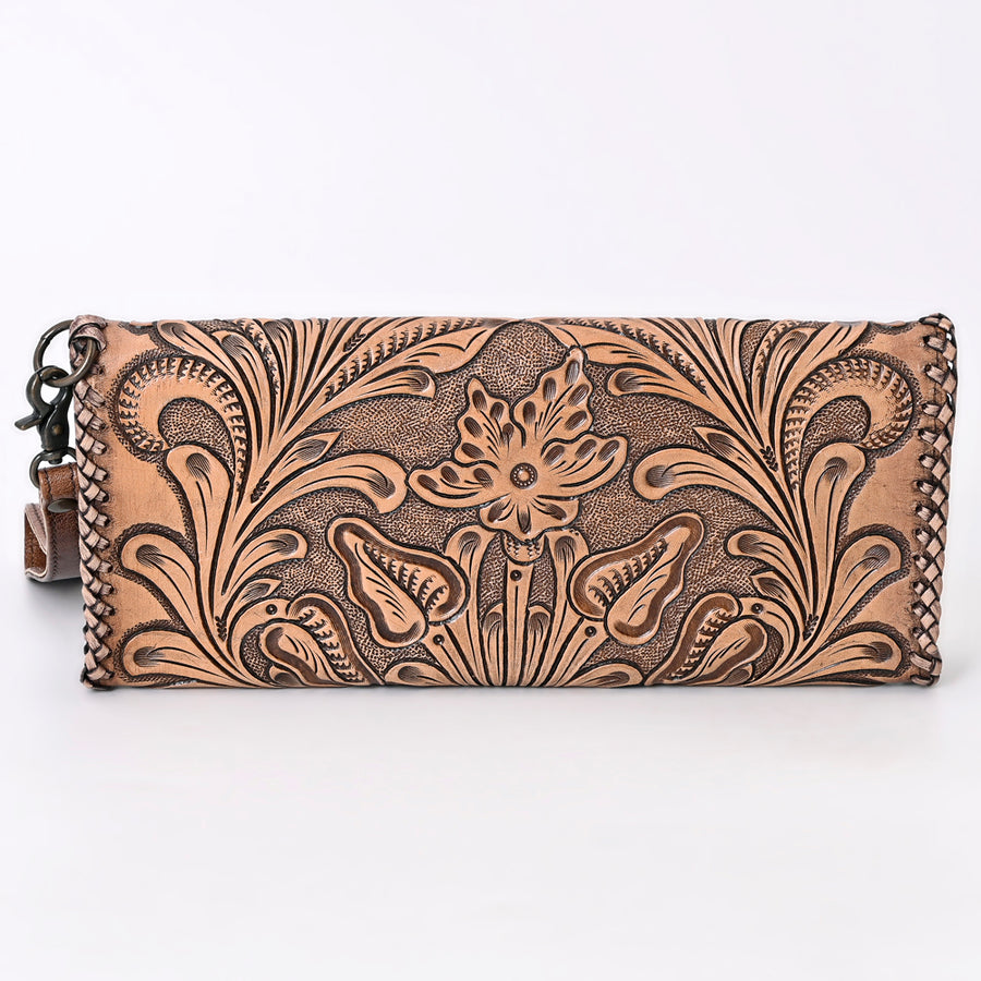 American Darling Western Hand-Tooled Leather Wallet Handbag for Women – Genuine Leather Floral Carved Designer Purse with Wristlet Strap