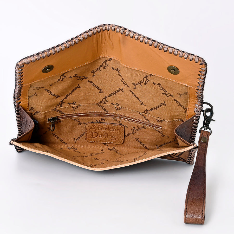 American Darling Western Hand-Tooled Leather Wallet Handbag for Women – Genuine Leather Floral Carved Designer Purse with Wristlet Strap