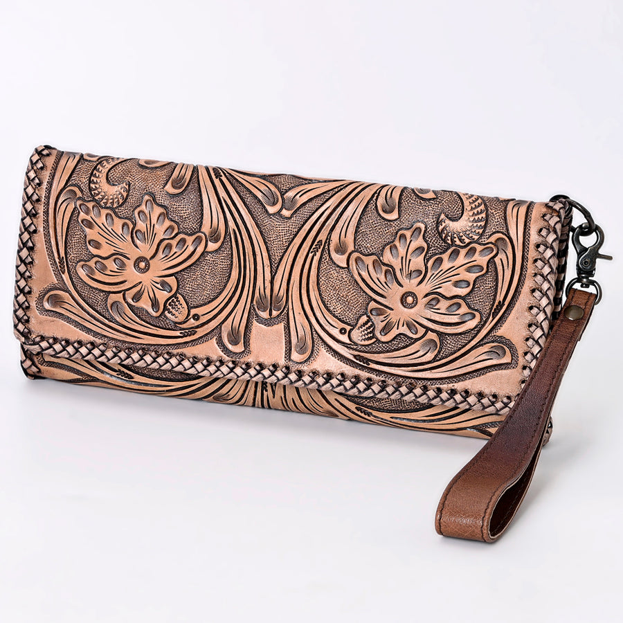 American Darling Western Hand-Tooled Leather Wallet Handbag - Floral Carved Women's Purse - Hilason