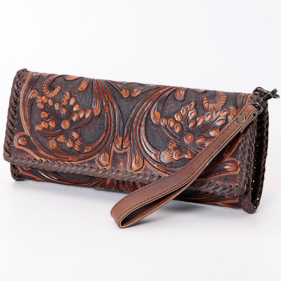 American Darling Hand-Tooled Leather Western Wallet Handbag - Genuine Leather Floral Carved Wallet - Hilason