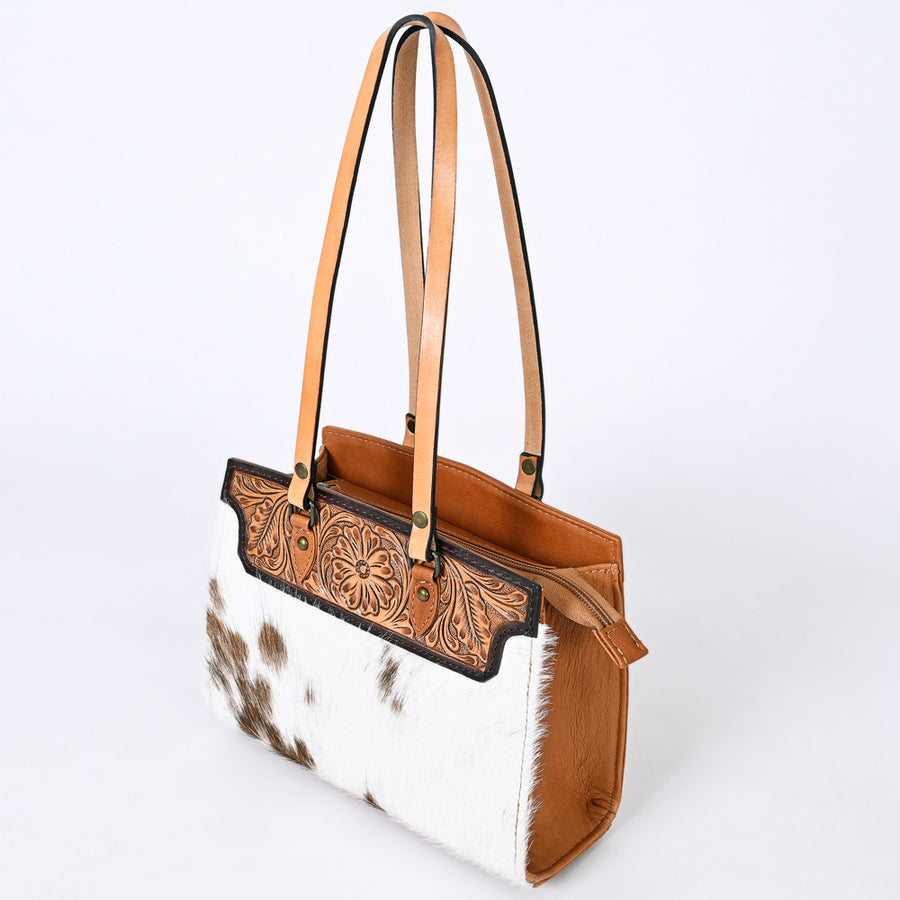 American Darling Western Tote Bag – Genuine Leather Hair-On Cowhide with Hand-Tooled Floral Detailing – Premium Designer