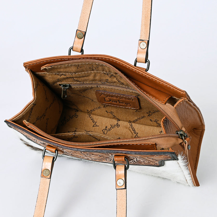 American Darling Western Tote Bag – Genuine Leather Hair-On Cowhide with Hand-Tooled Floral Detailing – Premium Designer