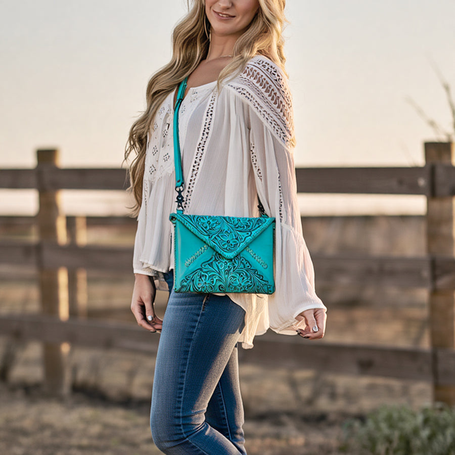 American Darling Hand-Tooled Genuine Leather Envelope Bag – Floral Carved Western Crossbody with Strap for Everyday Carry
