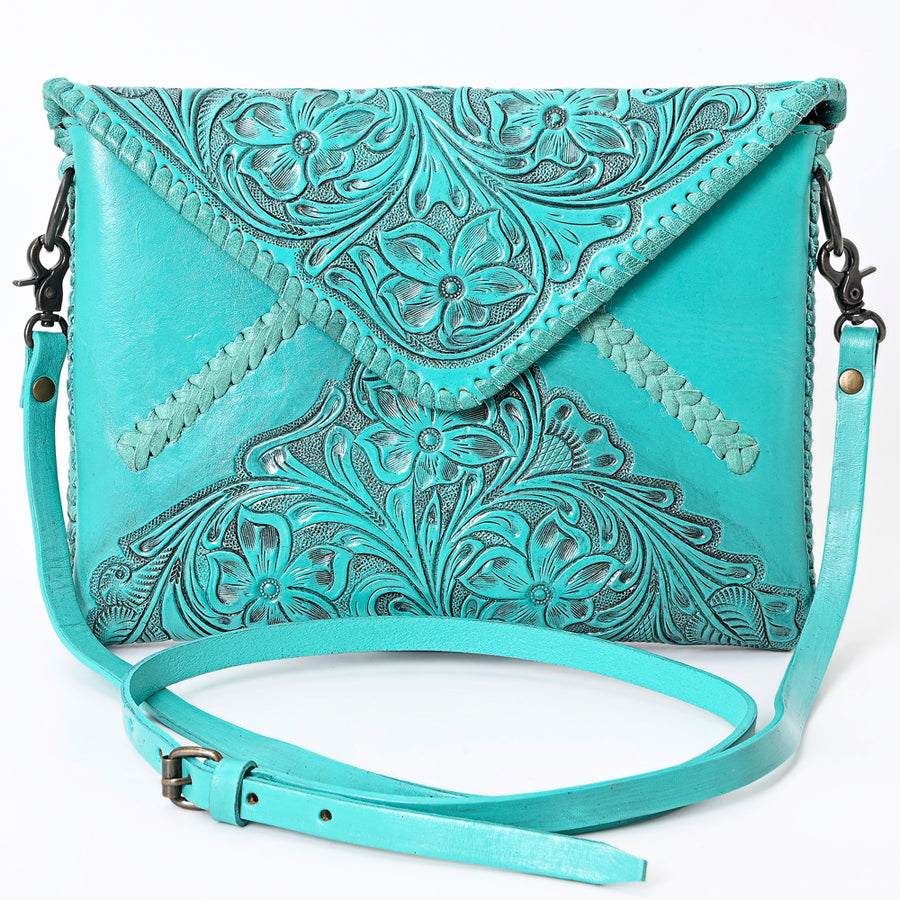 American Darling Hand-Tooled Genuine Leather Envelope Bag – Floral Carved Western Crossbody with Strap for Everyday Carry
