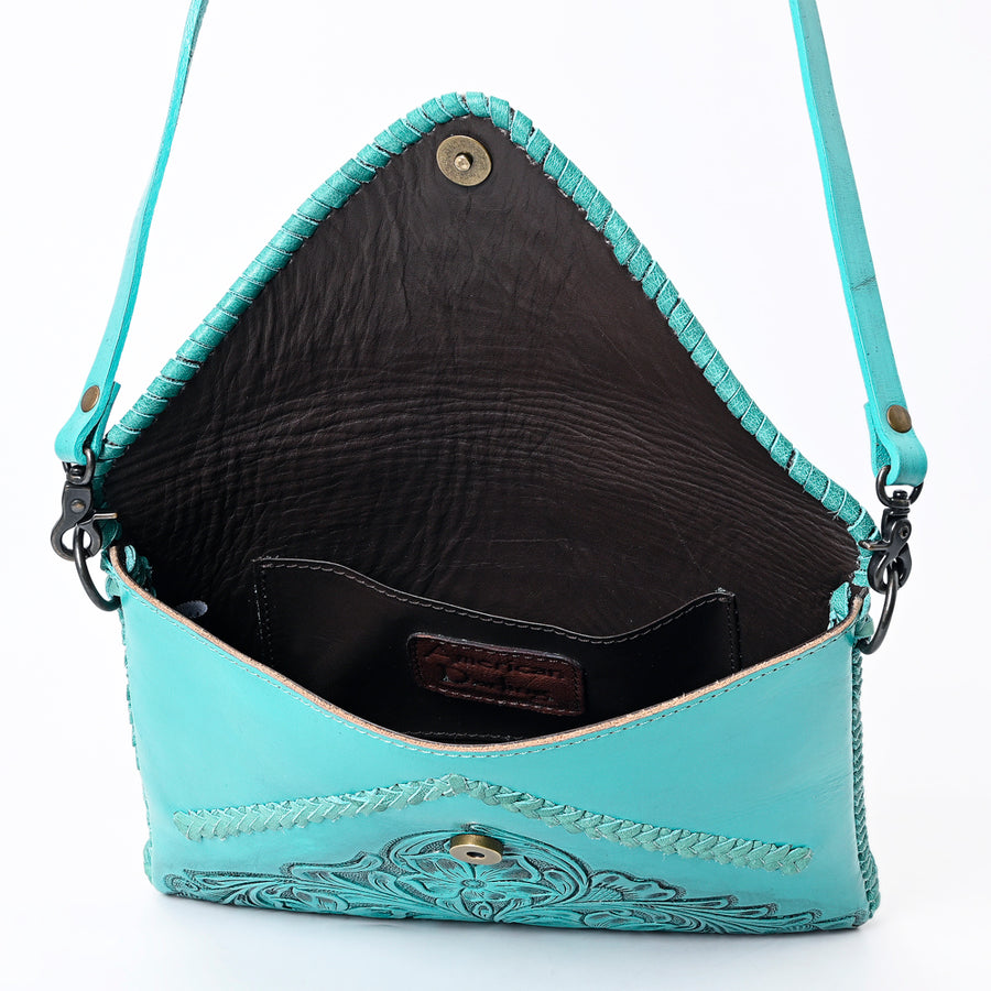 American Darling Hand-Tooled Genuine Leather Envelope Bag – Floral Carved Western Crossbody with Strap for Everyday Carry
