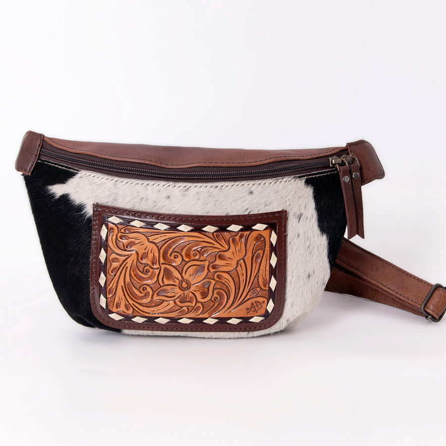 American Darling Hair-On Cowhide Fanny Pack – Genuine Leather Hand-Tooled Western Belt Bag with Adjustable Strap for Everyday and Travel Use
