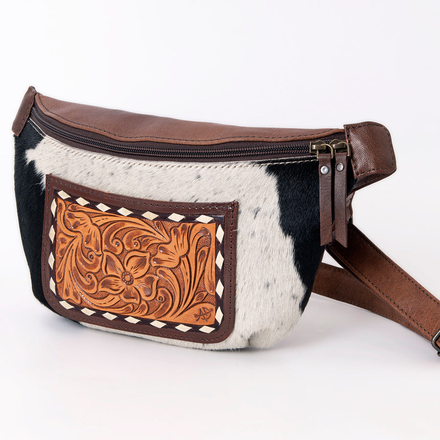 American Darling Hair-On Cowhide Western Fanny Pack - Genuine Leather Hand-Tooled Belt Bag - Uhorse
