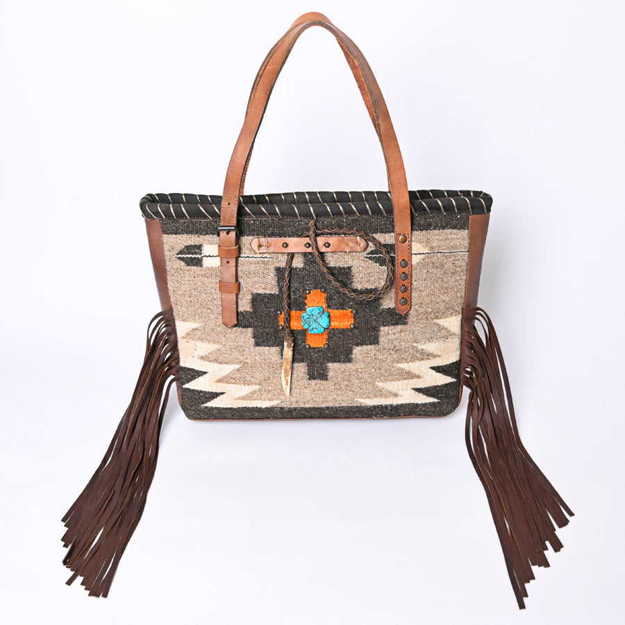 American Darling Hand-Woven Saddle Blanket Tote Bag – Genuine Leather Fringe Western Purse with Strap for Daily Use and Travel