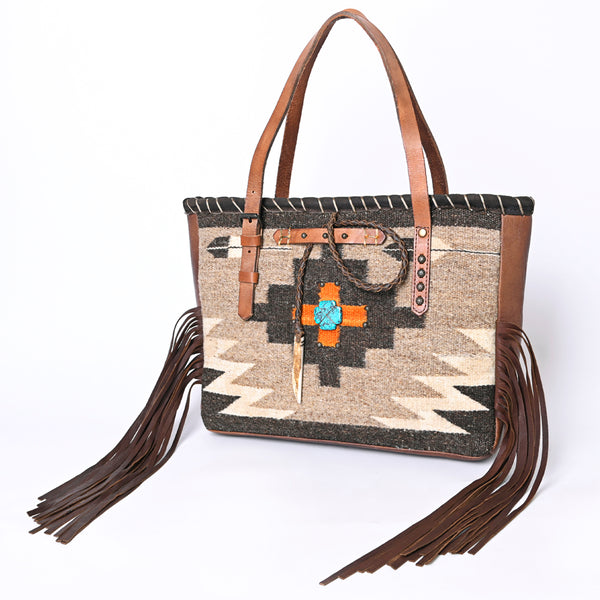 American Darling Hand-Woven Saddle Blanket Western Tote Bag - Genuine Leather Fringe Purse - Uhorse
