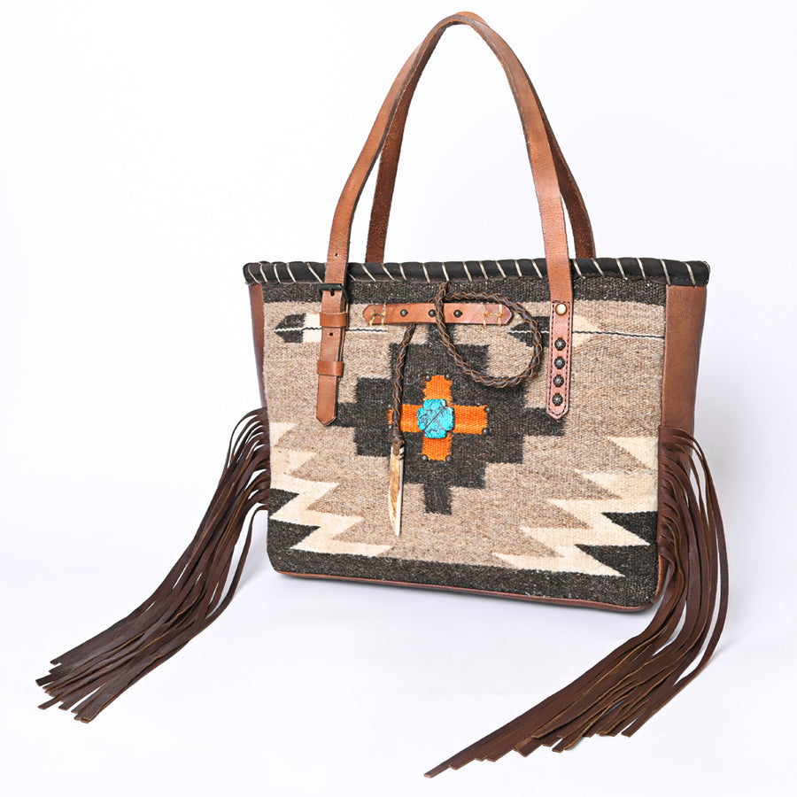 American Darling Hand-Woven Saddle Blanket Western Tote Bag - Genuine Leather Fringe Purse - Uhorse