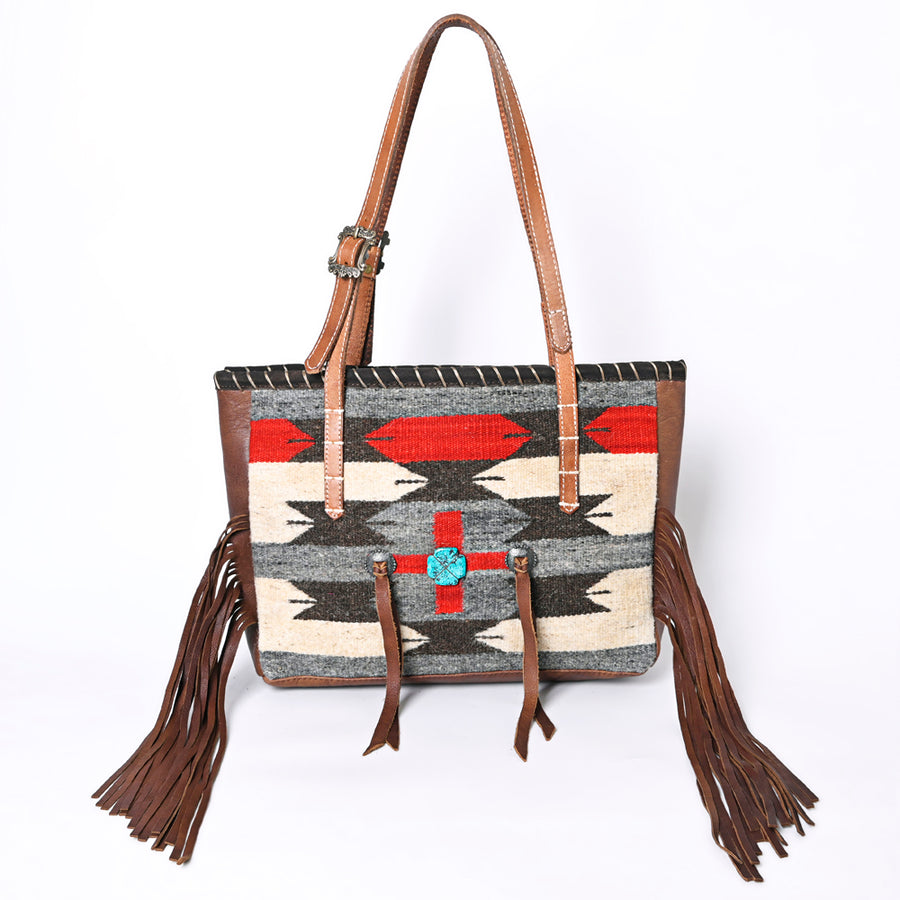 American Darling Western Leather Tote Bag with Fringe, Handwoven Saddle Blanket Panel, Adjustable Strap & Premium Genuine Leather