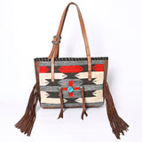 American Darling Western Leather Tote Bag with Fringe, Handwoven Saddle Blanket Panel, Adjustable Strap & Premium Genuine Leather
