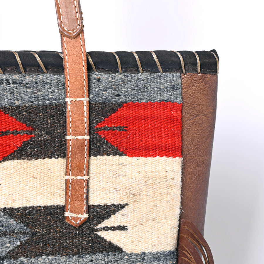 American Darling Western Leather Tote Bag with Fringe, Handwoven Saddle Blanket Panel, Adjustable Strap & Premium Genuine Leather