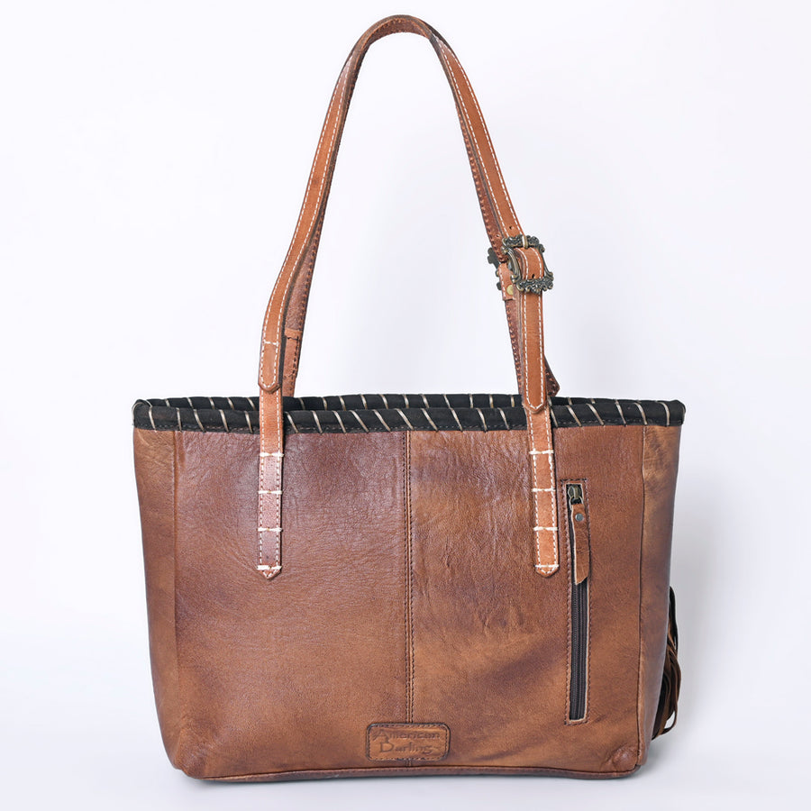 American Darling Western Leather Tote Bag with Fringe, Handwoven Saddle Blanket Panel, Adjustable Strap & Premium Genuine Leather