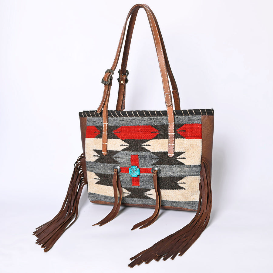 American Darling Western Leather Tote Bag with Fringe and Handwoven Saddle Blanket Panel - Uhorse