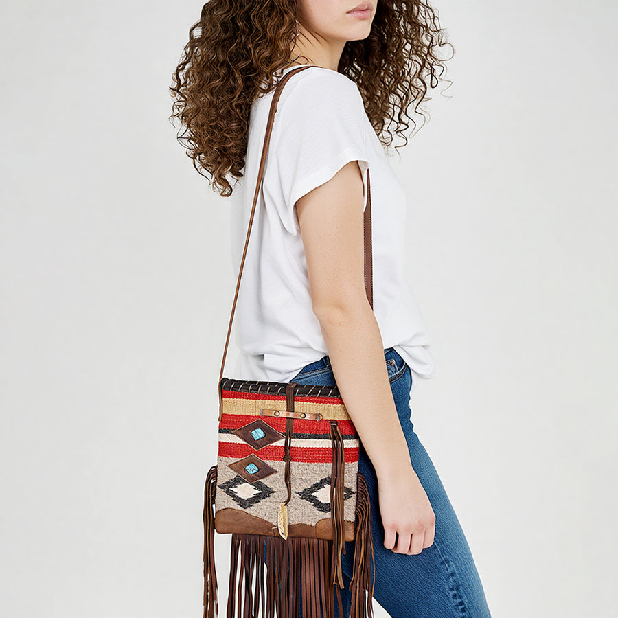 American Darling Western Leather Crossbody Bag with Fringe, Handwoven Saddle Blanket Panel, Adjustable Strap & Premium Genuine Leather