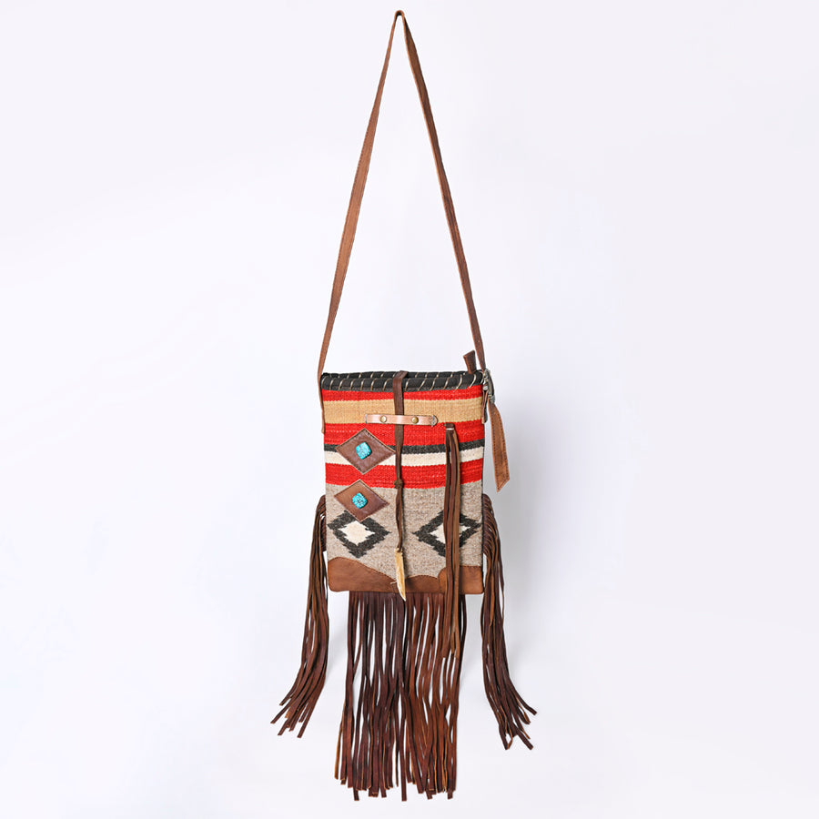 American Darling Western Leather Crossbody Bag with Fringe, Handwoven Saddle Blanket Panel, Adjustable Strap & Premium Genuine Leather