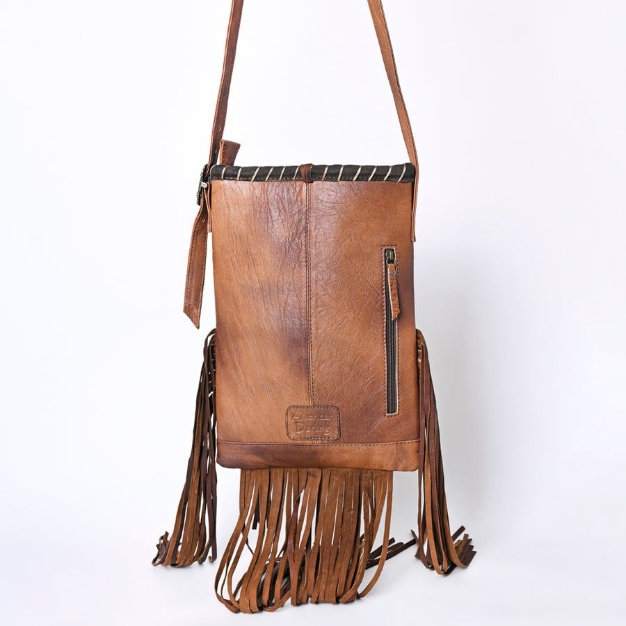 American Darling Western Leather Crossbody Bag with Fringe, Handwoven Saddle Blanket Panel, Adjustable Strap & Premium Genuine Leather