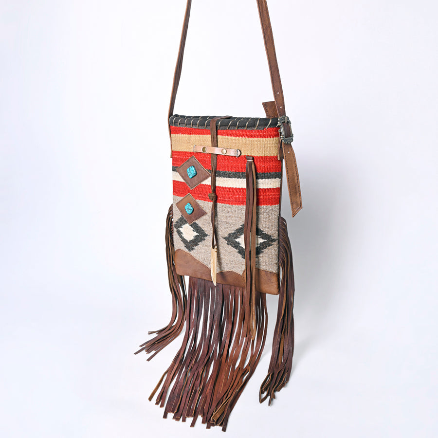 American Darling Western Leather Crossbody Bag with Fringe and Handwoven Saddle Blanket - Uhorse