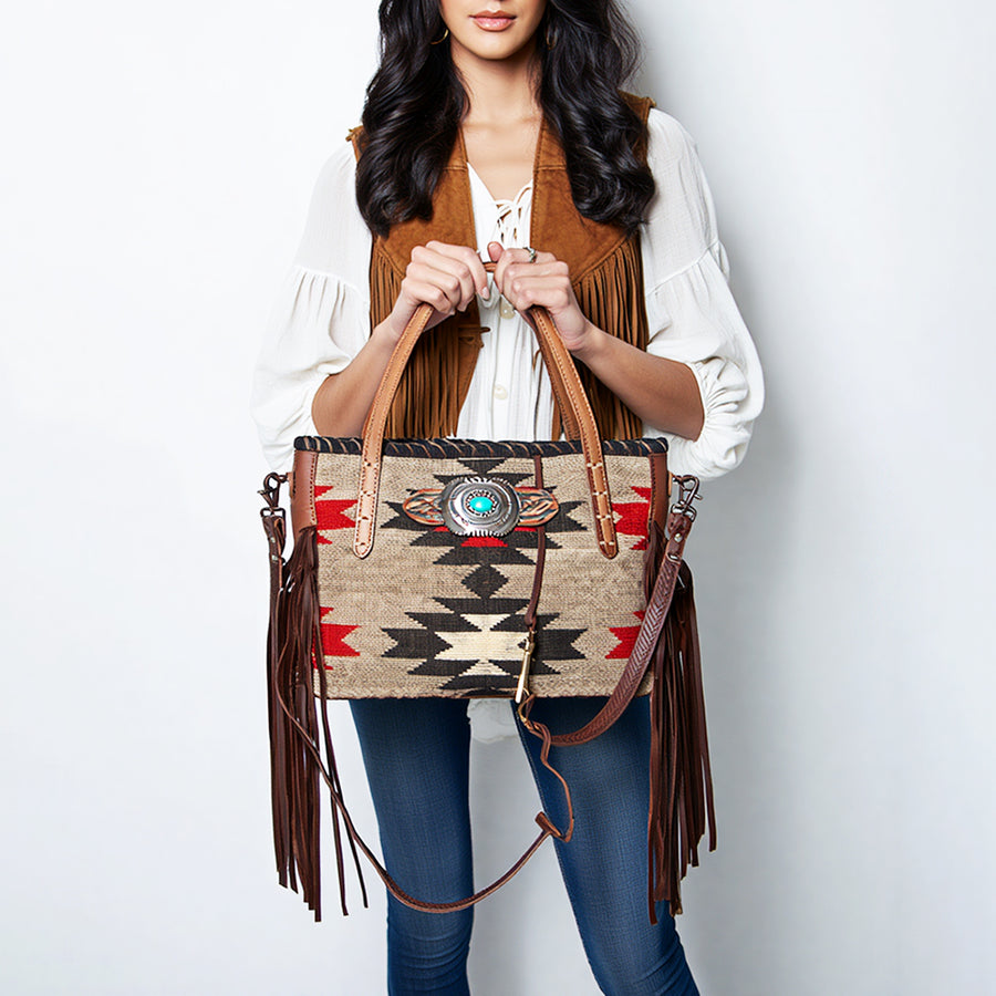 American Darling Handcrafted Western Leather Tote Bag with Native American Handwoven Design, Turquoise Button, Fringes, and Adjustable Strap
