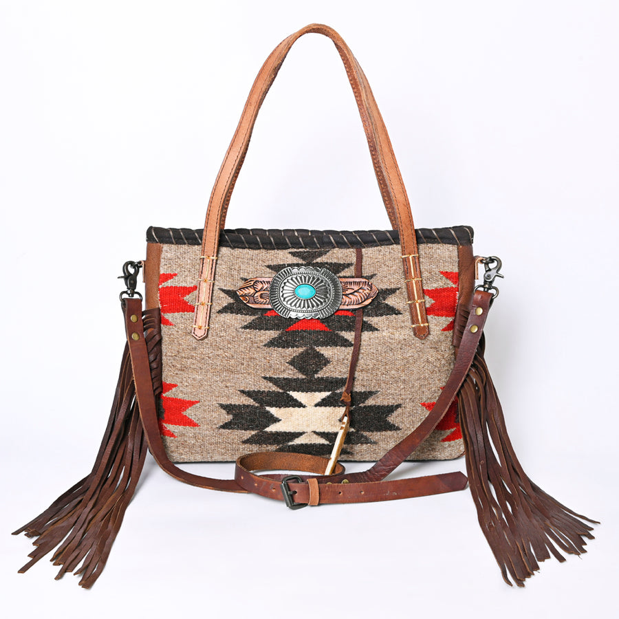 American Darling Handcrafted Western Leather Tote Bag with Native American Handwoven Design, Turquoise Button, Fringes, and Adjustable Strap