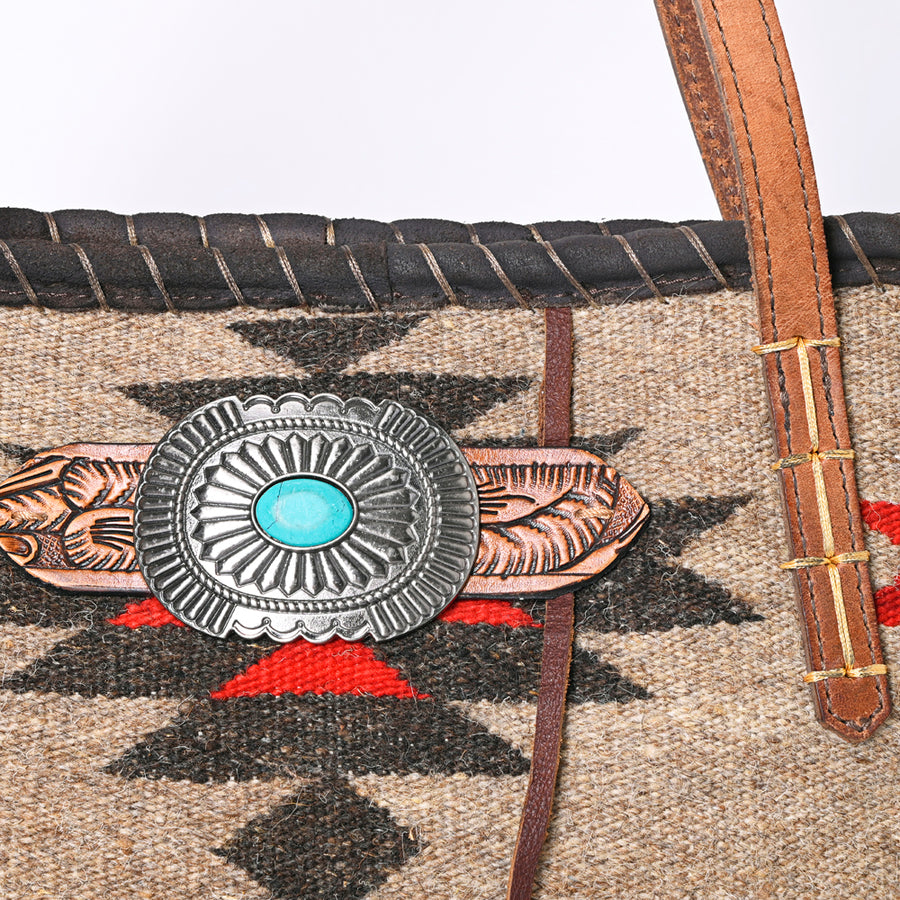 American Darling Handcrafted Western Leather Tote Bag with Native American Handwoven Design, Turquoise Button, Fringes, and Adjustable Strap