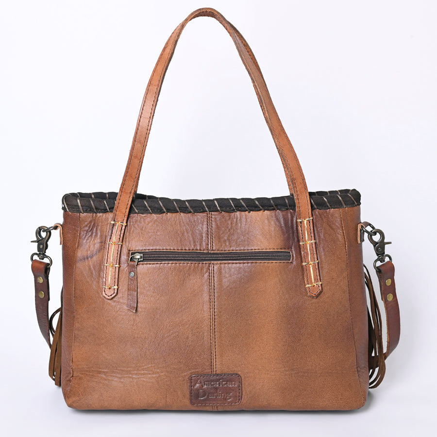 American Darling Handcrafted Western Leather Tote Bag with Native American Handwoven Design, Turquoise Button, Fringes, and Adjustable Strap