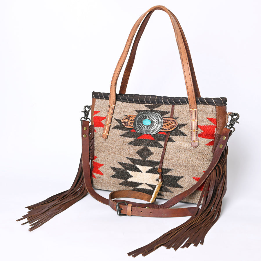 American Darling Western Fringe Leather Tote Bag with Native American Inspired Handwoven Design - Uhorse