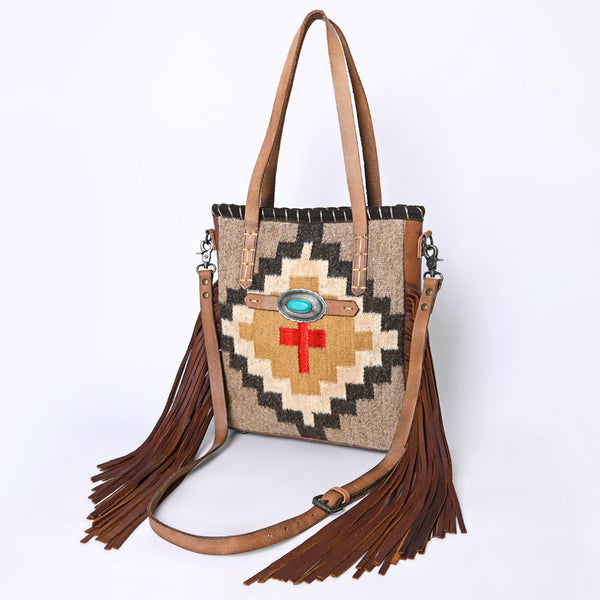 American Darling Handcrafted Western Leather Tote Bag with Fringe, Genuine Leather and Native Design - Uhorse