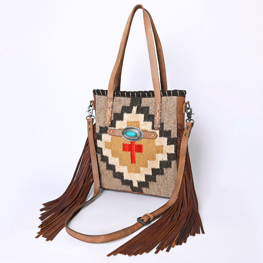 American Darling Handcrafted Western Leather Tote Bag with Fringe, Genuine Leather and Native Design - Uhorse