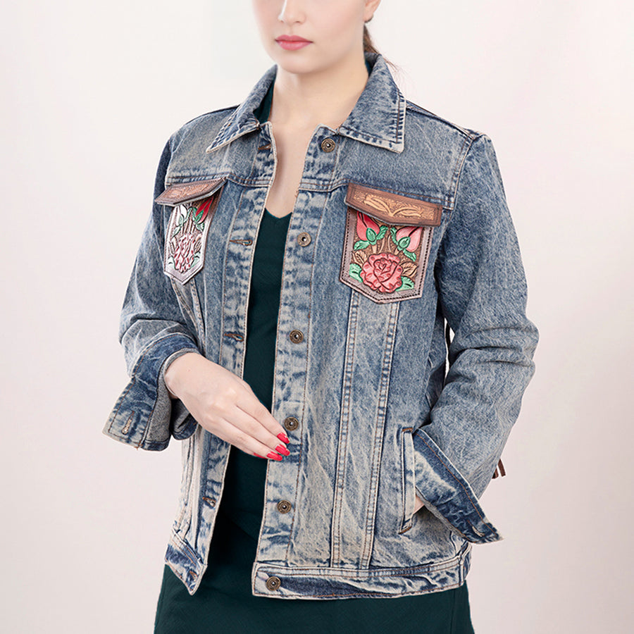 American Darling Genuine leather Hand tooled carved Women 100% cotton Denim jacket dress ladies girl | Shirt for