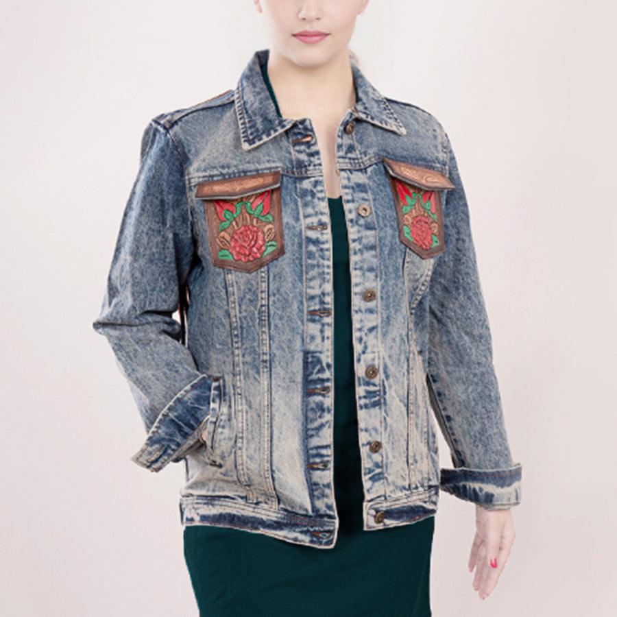 American Darling Genuine leather Hand tooled carved Women 100% cotton Denim jacket dress ladies girl | Shirt for