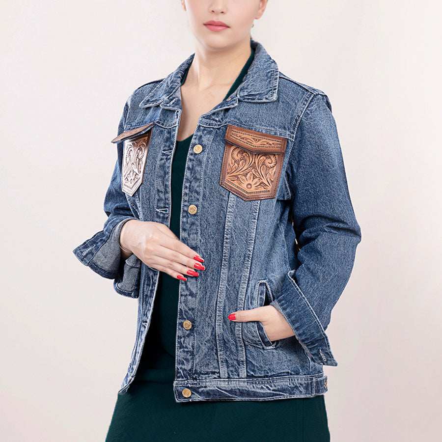 American Darling Genuine leather Hand tooled carved Women 100% cotton Denim jacket dress ladies girl | Shirt for