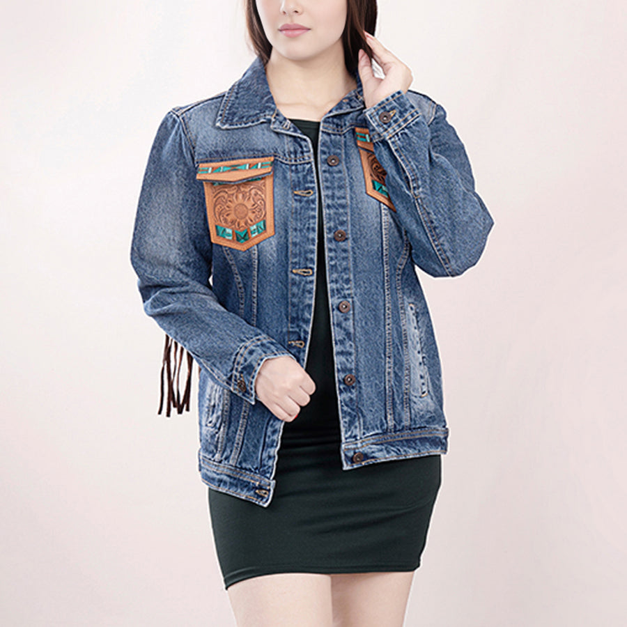 American Darling Genuine leather Hand tooled carved Women 100% cotton Denim jacket dress ladies girl | Shirt for